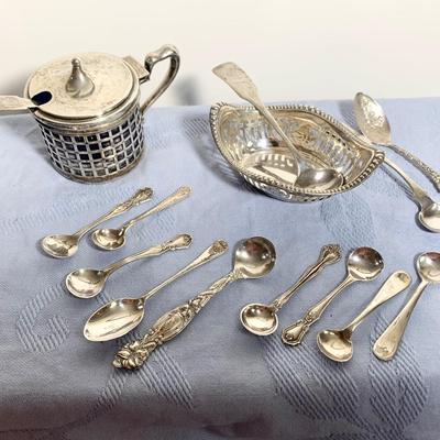 Sterling Silver Lot - Blue Cobalt in Sterling Salt w/ Many Spoons - Nut Bowl