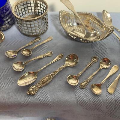 Sterling Silver Lot - Blue Cobalt in Sterling Salt w/ Many Spoons - Nut Bowl