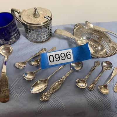 Sterling Silver Lot - Blue Cobalt in Sterling Salt w/ Many Spoons - Nut Bowl