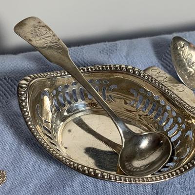 Sterling Silver Lot - Blue Cobalt in Sterling Salt w/ Many Spoons - Nut Bowl