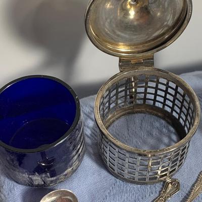 Sterling Silver Lot - Blue Cobalt in Sterling Salt w/ Many Spoons - Nut Bowl
