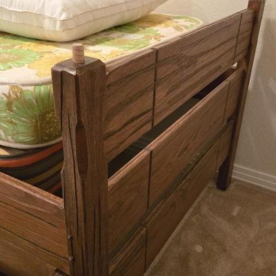 Ranch Oak Bunk Beds with a Pull Out Trundle Bed with Ladder and Matching Mirror