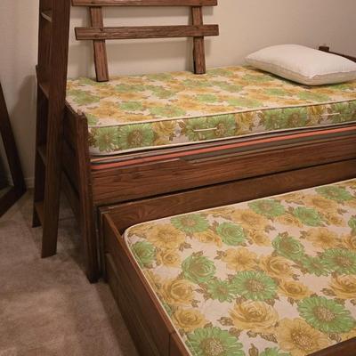 Ranch Oak Bunk Beds with a Pull Out Trundle Bed with Ladder and Matching Mirror