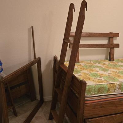 Ranch Oak Bunk Beds with a Pull Out Trundle Bed with Ladder and Matching Mirror