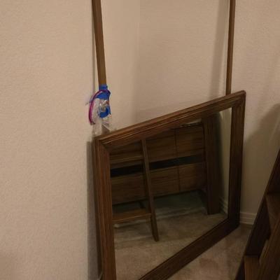 Ranch Oak Bunk Beds with a Pull Out Trundle Bed with Ladder and Matching Mirror
