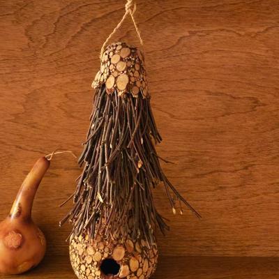 Vintage Natural Birdhouse Ornament, Gourd Ornament, and Bottlebrush Mouse