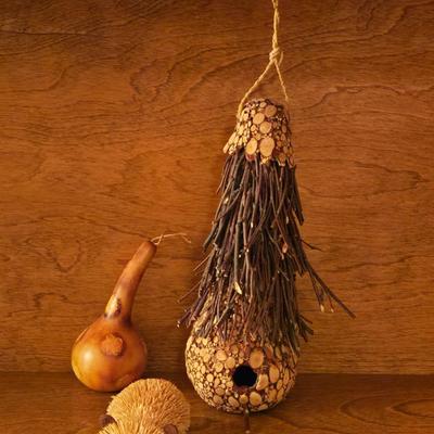 Vintage Natural Birdhouse Ornament, Gourd Ornament, and Bottlebrush Mouse