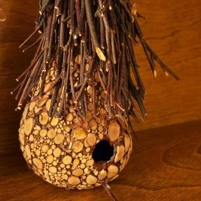 Vintage Natural Birdhouse Ornament, Gourd Ornament, and Bottlebrush Mouse