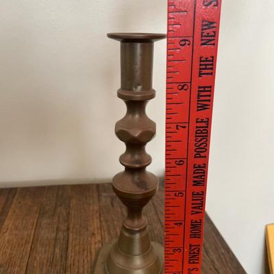 Small sterling vase with brass candlestick holder and possible silver plate dish
