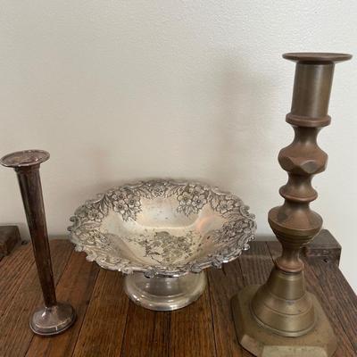 Small sterling vase with brass candlestick holder and possible silver plate dish