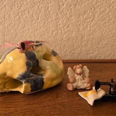Ceramic "Worm Holes," Mini Angel and Sewing Machine
