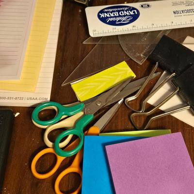 Office Drawer Lot - Scissors, TI Calculator, Clips, Post It Notes and More!
