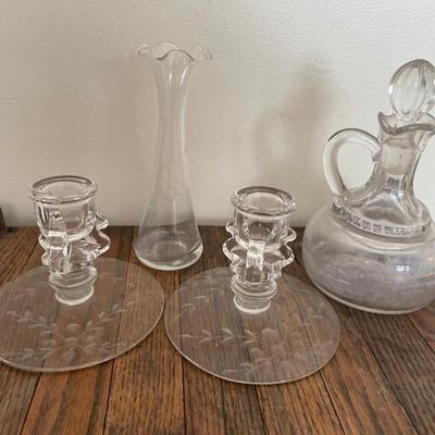 Etched clear glass candle holders and vase