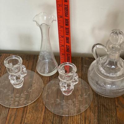 Etched clear glass candle holders and vase