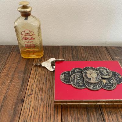 Small vintage Old Spice bottle & coin holder with lock