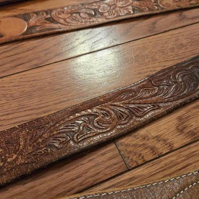 Mixed Lot of Tooled Leather Belts and a Wyoming Belt Buckle