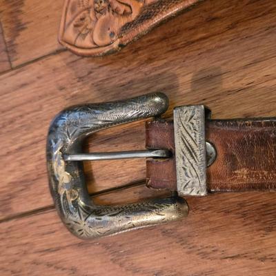 Mixed Lot of Tooled Leather Belts and a Wyoming Belt Buckle