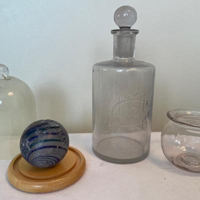 Blue swirl ball, signed glass and small bowl