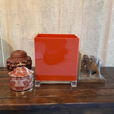 D1032 Mid Century Lucite Waste Bin with Elephant Bookend and Decorative's