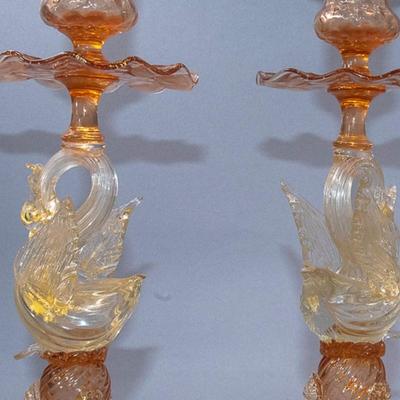 PAIR OF VENETIAN SALVIATI HAND BLOWN CANDLESTICKS