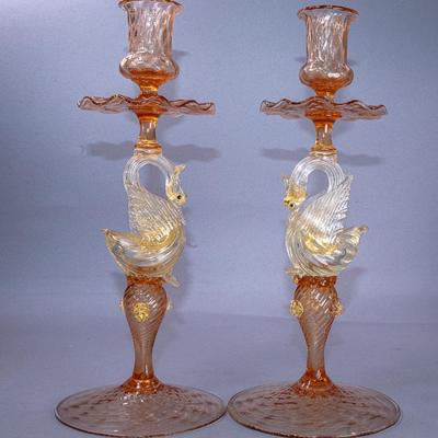 PAIR OF VENETIAN SALVIATI HAND BLOWN CANDLESTICKS