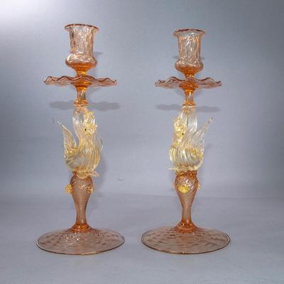 PAIR OF VENETIAN SALVIATI HAND BLOWN CANDLESTICKS