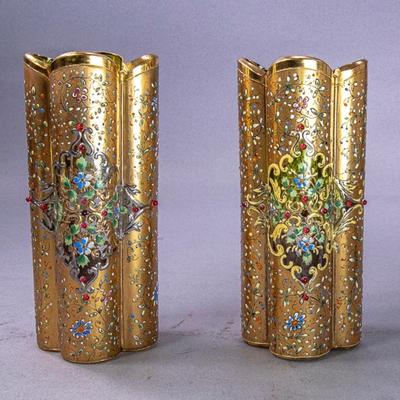 PAIR OF GOLD GILT / HAND PAINTED VASES (MOSER?)