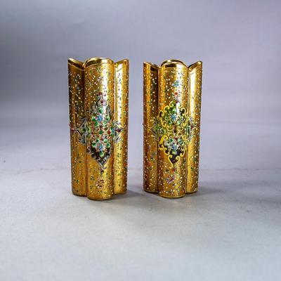 PAIR OF GOLD GILT / HAND PAINTED VASES (MOSER?)