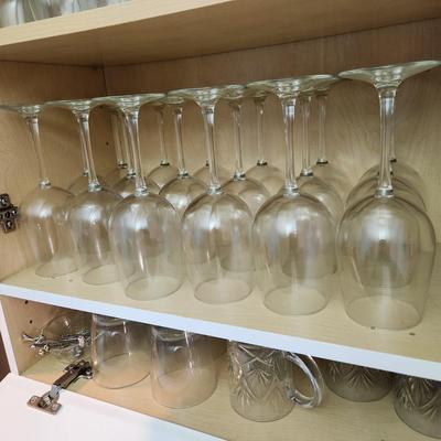 3 Shelves of Clear Barware Drinking Glasses Wine Highball Lowball Mugs