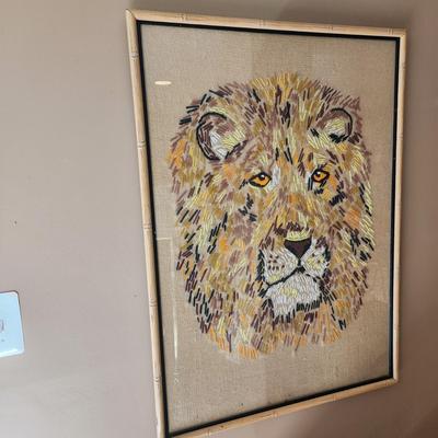 Vintage Large Framed Needlepoint Lion 26x36