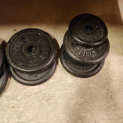 Lot of Dumbbells and Weider Barbell Weights 10,15,20,25