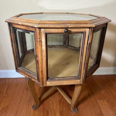 LOT 14: Antique Oak Octagonal Showcase Display Cabinet Table