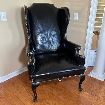 LOT 15: Beautiful Vintage Wingback Black Leather Chair