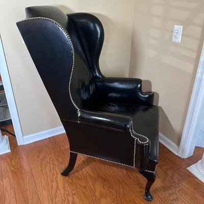 LOT 15: Beautiful Vintage Wingback Black Leather Chair