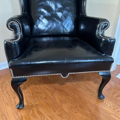 LOT 15: Beautiful Vintage Wingback Black Leather Chair