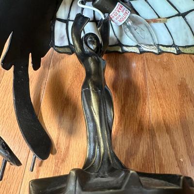 LOT 19: Brass & Stained Glass Tiffany Style Lamp w/ Table Lamp (condition issues)