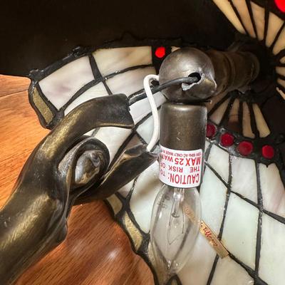 LOT 19: Brass & Stained Glass Tiffany Style Lamp w/ Table Lamp (condition issues)