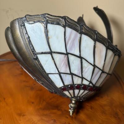 LOT 19: Brass & Stained Glass Tiffany Style Lamp w/ Table Lamp (condition issues)