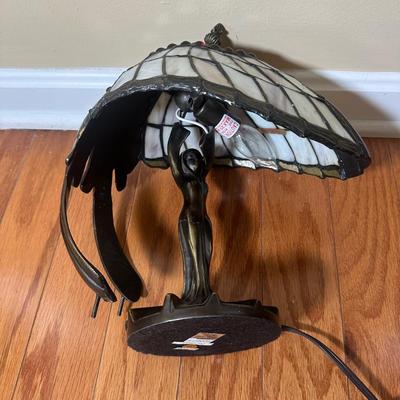 LOT 19: Brass & Stained Glass Tiffany Style Lamp w/ Table Lamp (condition issues)
