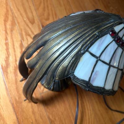 LOT 19: Brass & Stained Glass Tiffany Style Lamp w/ Table Lamp (condition issues)