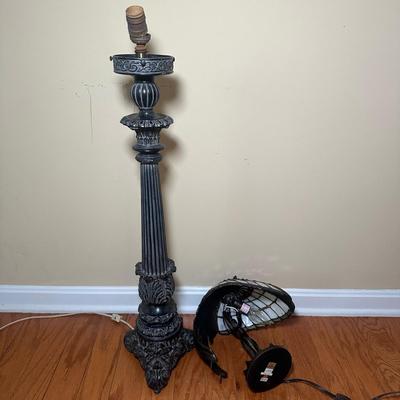 LOT 19: Brass & Stained Glass Tiffany Style Lamp w/ Table Lamp (condition issues)