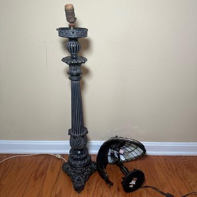 LOT 19: Brass & Stained Glass Tiffany Style Lamp w/ Table Lamp (condition issues)