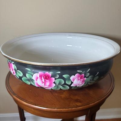 LOT 24: Wm. A. Berkey Furniture Wooden Side Table w/ Ceramic Pitcher & Bowl