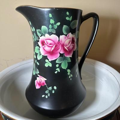 LOT 24: Wm. A. Berkey Furniture Wooden Side Table w/ Ceramic Pitcher & Bowl