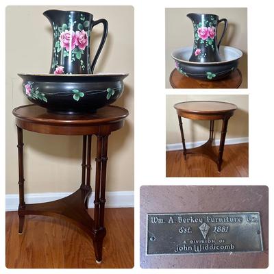 LOT 24: Wm. A. Berkey Furniture Wooden Side Table w/ Ceramic Pitcher & Bowl