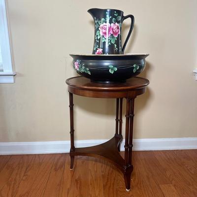 LOT 24: Wm. A. Berkey Furniture Wooden Side Table w/ Ceramic Pitcher & Bowl