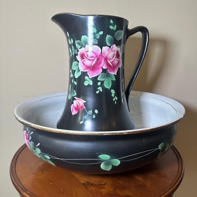 LOT 24: Wm. A. Berkey Furniture Wooden Side Table w/ Ceramic Pitcher & Bowl