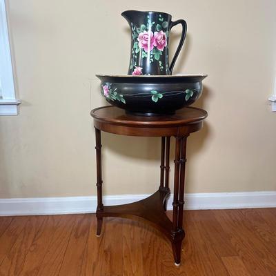 LOT 24: Wm. A. Berkey Furniture Wooden Side Table w/ Ceramic Pitcher & Bowl