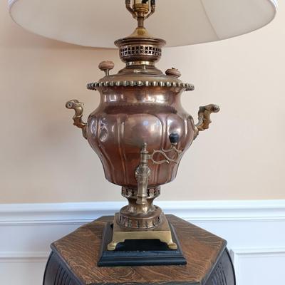 LOT 36: Antique Copper and Brass Samovar Lamp with Pedestal Table