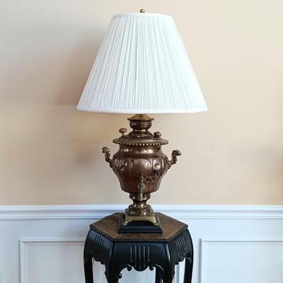 LOT 36: Antique Copper and Brass Samovar Lamp with Pedestal Table